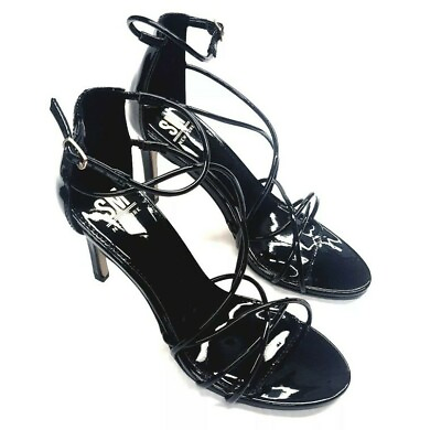#ad SM New York Tova Womens Sandal Sz 8.5 Black Strappy 4quot; Heels Patent Leather Shoe $23.78