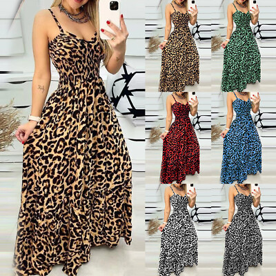 #ad Plus Size Womens Summer Strappy Holiday Party Sundress Leopard V Neck Maxi Dress $24.43