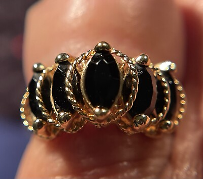 #ad 18K Gold Black Onyx Custom Ring Sz 6.5 Cocktail 5 Stones Beautiful $699.00