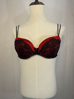 #ad Victorias Secret Very Sexy Push Up 34 DD Padded Red With Black Lace Trim EUC $21.98