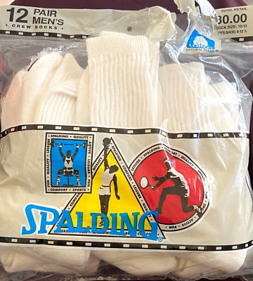 #ad Vintage Spalding 12 Pairs of White Crew Socks sz 10 13 Made in USA NEW open pkg $24.95