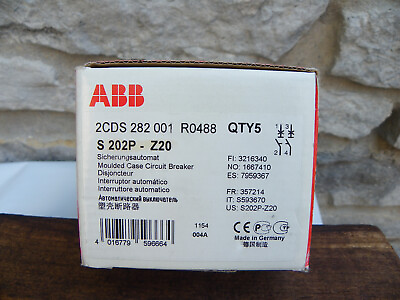 #ad ABB MINIATURE CIRCUIT BREAKER S 202P Z20 LOT OF 5 NEW IN BOX 2CDS282001R $220.00