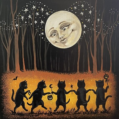 #ad 4x4 PRINT OF PAINTING RYTA FOLK HALLOWEEN BLACK CAT WITCH VINTAGE STYLE art moon $8.99