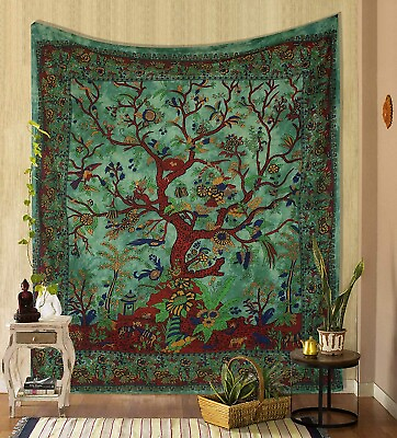 #ad Green Tree of Life Tapestry Wall Hanging Hippie Bedspread Art Deco Twin Tapestry $30.98