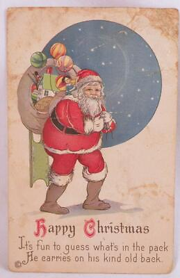 #ad Santa Claus Postcard Happy Christmas Night Sky Toys Vintage Unposted #18 As Is $6.00