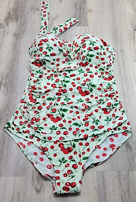 #ad Cocoship Mint Green Swimsuit One Piece Cherry Print Retro Underwire XXL NWOT $23.99