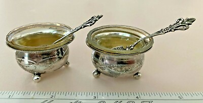 #ad Lot of 2 Antique Russian Silver Salt Cellars w Silver Spoons amp; Crystal Inserts $70.00