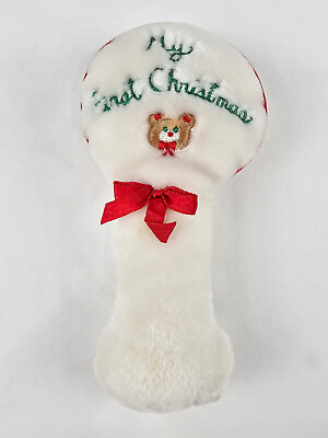 #ad EDEN White Plush Baby Rattle My First Christmas Stuffed Toy w Bear Red Bow 7quot; $6.49