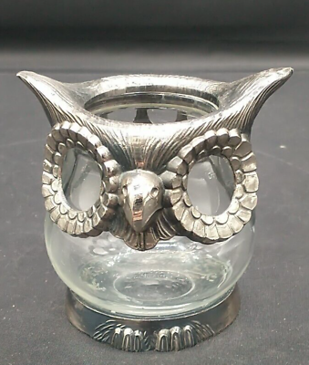 #ad Vintage Owl Glass Jar Ornate Detailed Pewter  3 x 3 x 3quot; Votive Candle Holder $11.77