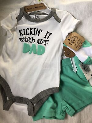#ad NWT Baby Essentials 3 Pc Set Bodysuit Shorts Socks 6 Months Turquoise Gray Gift $9.99
