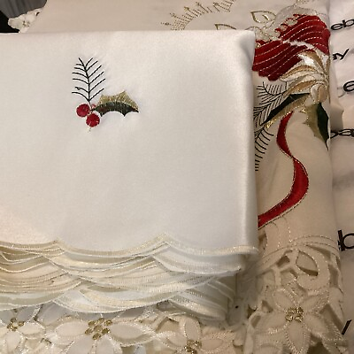 #ad Christmas Tablecloth 72 X 108” Embroidered 12 Napkins 100% Poly Microfiber $79.99