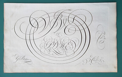 #ad PENMANSHIP Ornamental Amazing Monograms Initials 1741 G. Bickham Antique Print $44.00