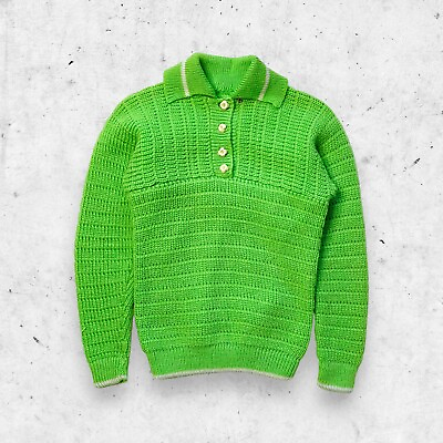 #ad Vtg NOS 50s 60s Hand Knit Collared Sweater Flower Buttons Soft Bright Green S $74.99