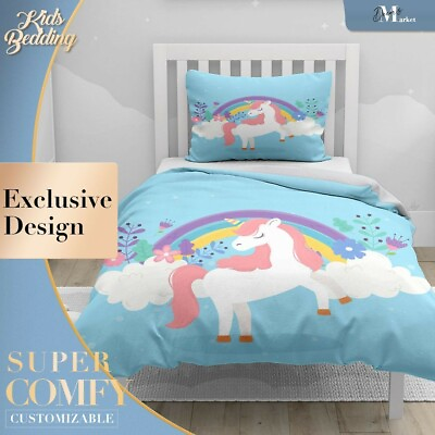 #ad Dream Rainbow Unicorn Kids Cartoon Blue Duvet Cover Set Zipper Pillow Cover AU $25.80