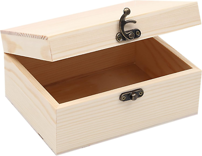 #ad Unfinished Wooden Box with Hinged Lid for Crafts DIY Storage Jewelry Pine Box $15.60