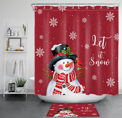 #ad Winter Snowflake Cute Red Snowman Xmas Shower Curtain Set for Bathroom Decor $29.99