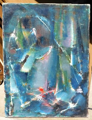 #ad Vintage abstract oil painting signed mystery artist 1950#x27;s $595.00