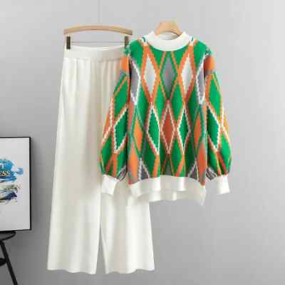 #ad Women Piece Set Trousers Suit Long Sleeve Top with Wide Leg Pants Outfits $67.94