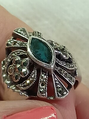 #ad Marcasite Vintage 925 Sterling Silver Size 6 Ring With Teal Stone $22.00