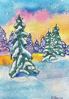 #ad Forest Sunset Watercolor Painting Original Winter Forest Christmas Painting $34.00