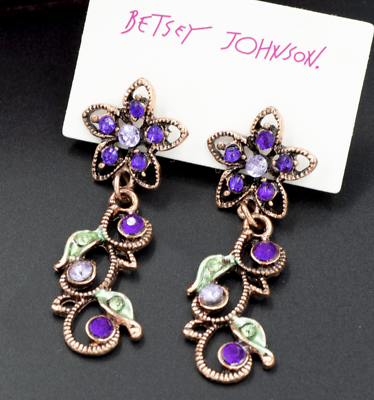 #ad Purple FLOWER Vine GARDEN Party Green Leaf Rhinestone Betsey Johnson Earrings $13.97