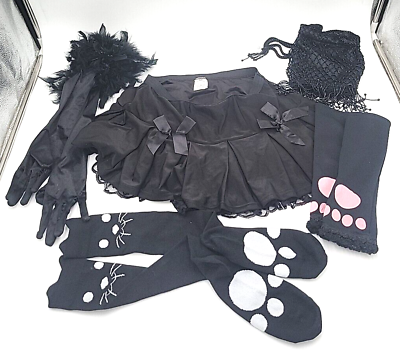 #ad LOT Cosplay Halloween Women Kitty Cat Costume Accessories Skirt Gloves VTG Bag $19.99