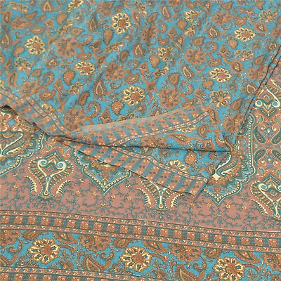 #ad Sanskriti Vintage Blue Indian Sarees Moss Crepe Printed Sari 5Yd Craft Fabric $27.38