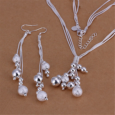 #ad 925 silver women lady Charm beads chain Pretty wedding Earring necklace jewelry $3.90