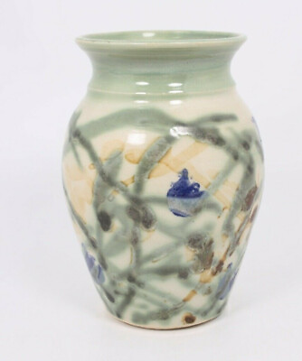 #ad Floral Abstract Glazed Hand Thrown Art Studio Stoneware Pottery Vtg Mod 7.5 Vase $48.99