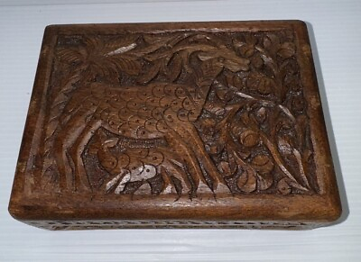 #ad Vintage Small Wooden Box Jewelry Trinket Hand Carved Wood Momma Deer Indiaquot;8quot; $24.00