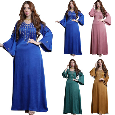 #ad Rhinestone Abaya Women Long Sleeve Maxi Dress Kaftan Robe Dubai Evening Party C $48.17