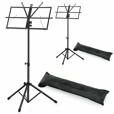 #ad 2 Stands Adjustable Folding Music Stand Black with Bag Black Guitar Play $19.95