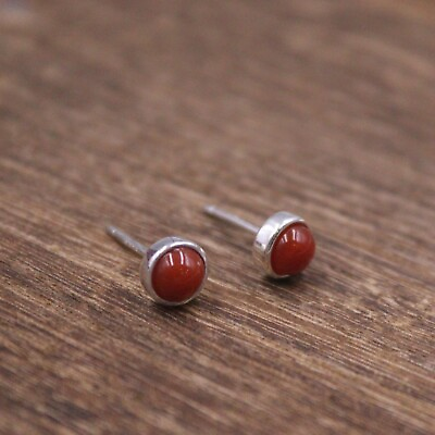 #ad Real 925 Sterling Silver Stud Women Lucky Red Agate Bead Small Earrings $11.13