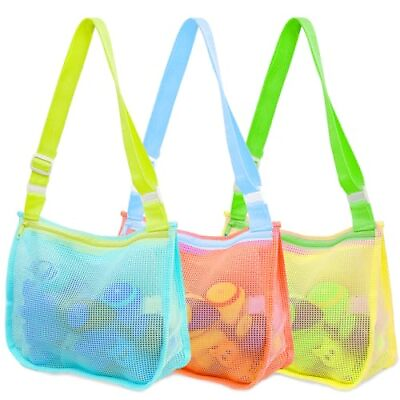 #ad 3PCS Beach Bags for Kids Shell Collecting Bags Colorful Seashell Bags Mesh $18.21