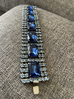 #ad Vintage Blue Emerald and Brilliant Pale Blue Rhinestones 1950s Bracelet $98.00