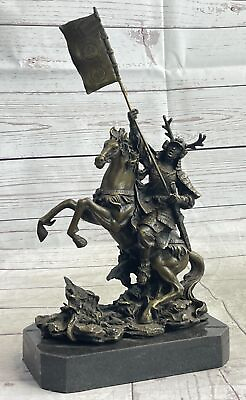 #ad Japanese Samurai Warrior on Horseback w Battle Flag Bronze Sculpture Statue Art $149.50