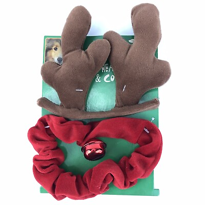 #ad Christmas Dog Reindeer Antlers Headband amp; Jingle Bell Collar Neck 9 16quot; Velour $10.79