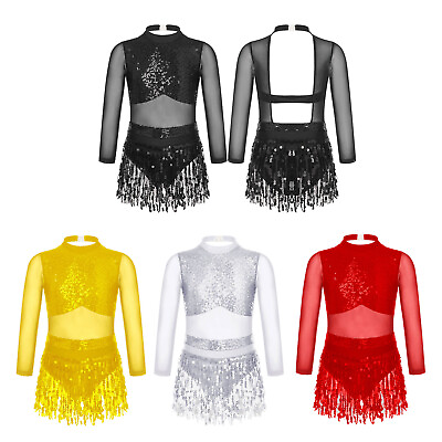 #ad Girls Latin Jazz Modern Dance Costume Sequin Cut Out Back Leotard Tassel Dress $15.49