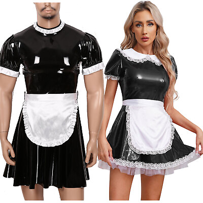 #ad US Mens Women Wetlook Leather French Maid Fancy Costume Cosplay Uniform Outfits $20.73