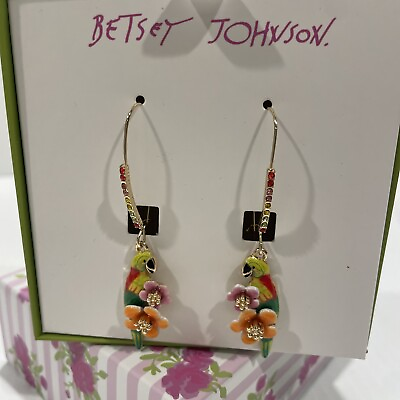 #ad Brand New Betsey Johnson Gold Tone Rainbow Parrot amp; Flower Drop Earrings $29.99