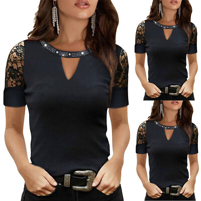 #ad Womens Sequin Roud Neck Short Sleeve T Shirt Ladies Casual Blouse Tops Work Sexy $18.49