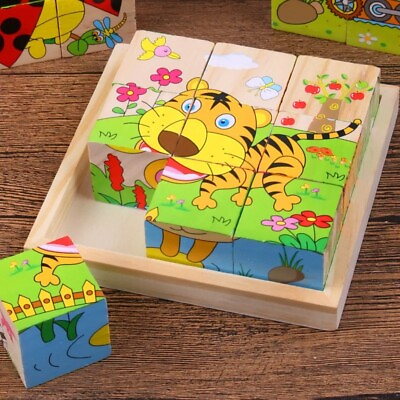 #ad Baby Wooden Blocks Toys Children Six Side Cube Jigsaw Puzzles Game Animal Fruit $14.99