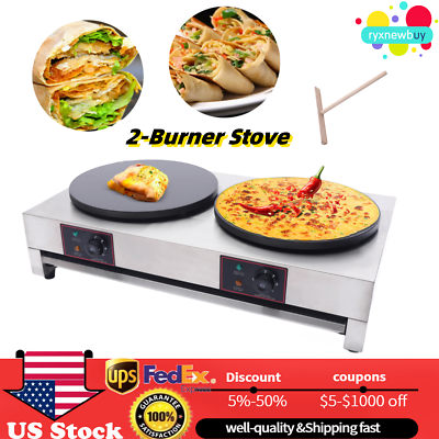 #ad 2 Burner Stove Electric Crepe Maker Non Stick Pancakes Machine Stainless Steel $236.88