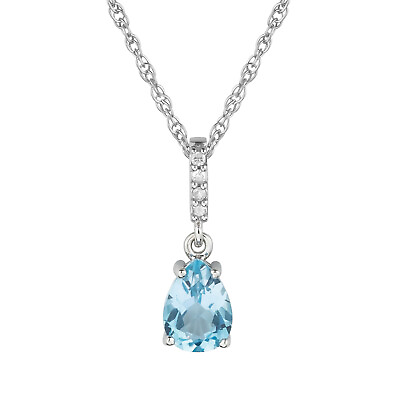 #ad 10k White Gold Genuine Pear Shape Blue Topaz and Diamond Drop Pendant Necklace $127.99
