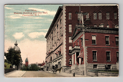 #ad Postcard 1940 RI Post Office Masonic Building City Hall Pawtucket Rhode Island $9.95
