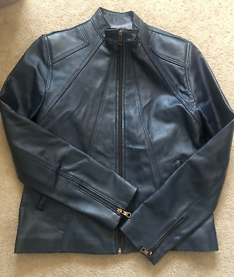 #ad Women Leather Biker Jacket Full Front Zip Navy Blue S M New $75.00