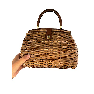 #ad Vintage 1960s Plastic Wicker Clutch Purse Handbag Woven Leather Trim $163.88