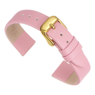 #ad Genuine Leather Band 18mm Flat Leather Watch Strap Pink Golden Tone Buckle GBP 6.71