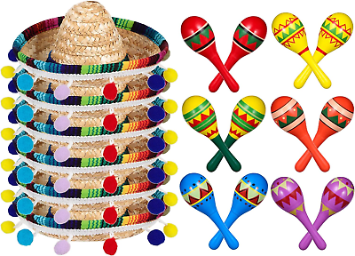 #ad 12 Pcs Wooden Fiesta Maracas 6 Pcs Mini Sombrero Top Hat for Kids Festival Mexic $73.99