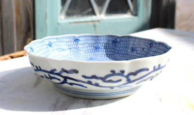 #ad Old IMARI Plate Bowl Japanese Blue amp;White Mijin Wreathe Shaped Bowl $49.99